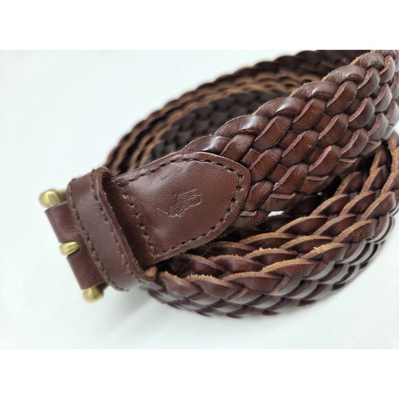 Polo Ralph Lauren Men’s Braided Woven Leather Belt – Brown, Size 54 Brass Buckle - Picture 2 of 4